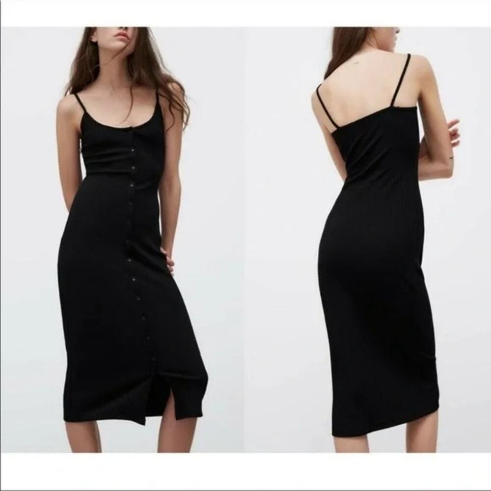 ZARA Ribbed Bodycon Midi Dress Strappy Stretch Slim Round Neck M Black #3472